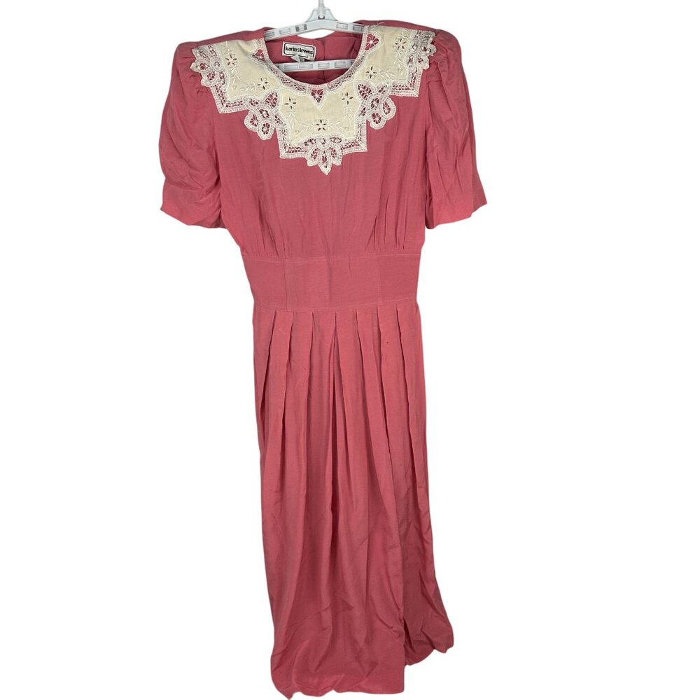 Karin Stevens Vintage Pink Dress Lace Collar Pleated Skirt Short Sleeve Size 12